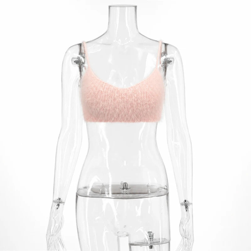 Tossy Crop Top Women Camisole Spaghetti Strap Scoop Neck Fuzzy Knit Party Club Sleeveless Slim Fit Spring Summer Y2K Casual Top