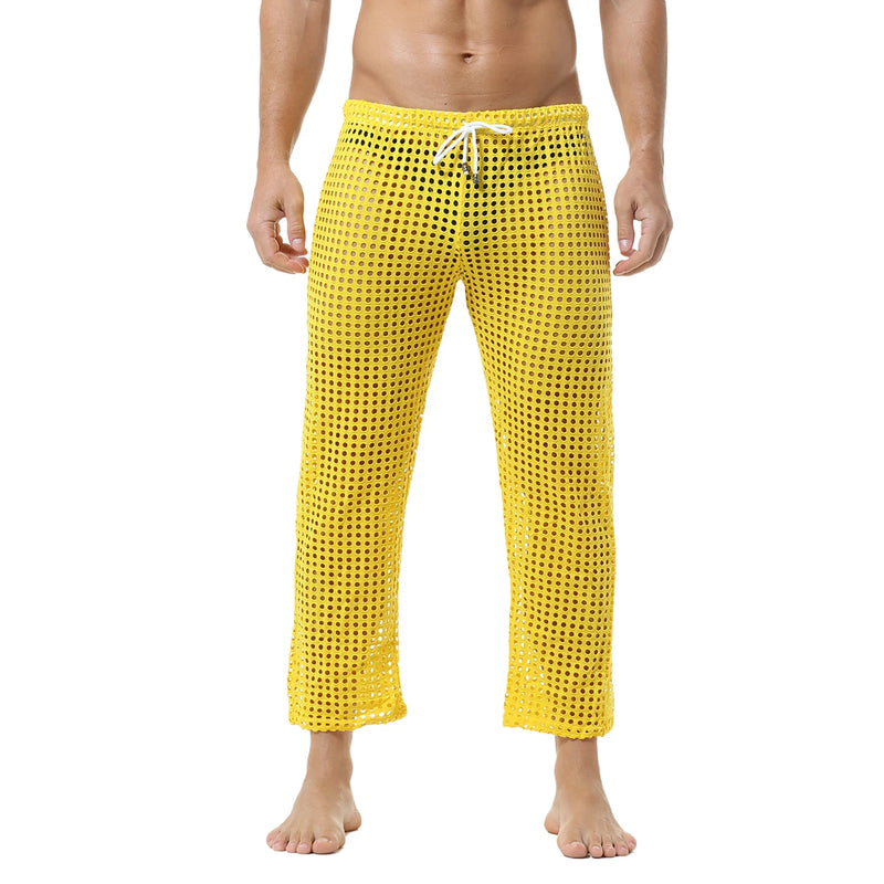 Men's Fishnet Hollow Out Robes Classic Lounge Pants Sexy Sleepwear Mens Robe Sets Daily Home Sleeveless Bathrobes Hooded Pajamas