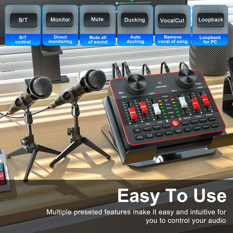 Tenlamp Podcast Equipment Bundle, All-in-One Audio Interface DJ Mixer with 2 Condenser Microphones, Recording Studio Kit Live Sound Card for Singing Broadcast, Live Streaming, Gaming for PC Smartphone Laptop Computer Vlog Rec