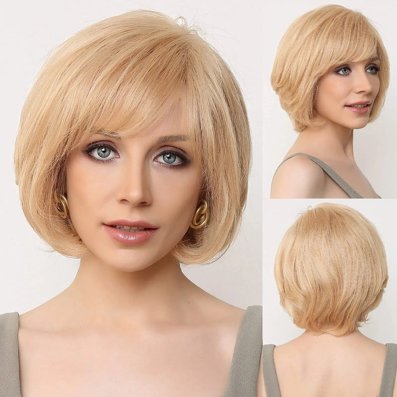 Short Straight Blonde Brown Lace Front Human Hair Wigs with Bangs for Women 100% Remy Human Hairs Bob Natural Wavy Layered Wigs