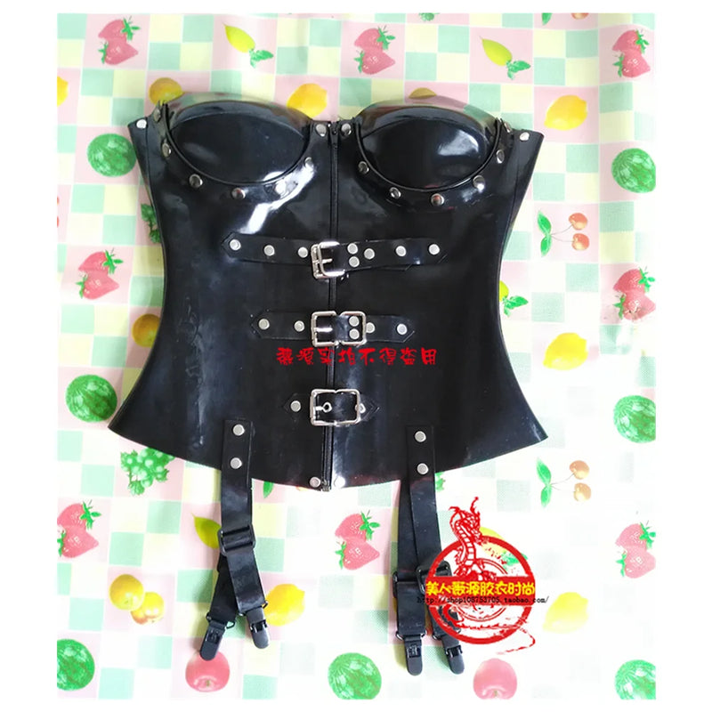 Sexy Red 0.8mm Thicker Latex Corset Bustier Body Shape Detachable Breast Cup with Front Zip Back Lace