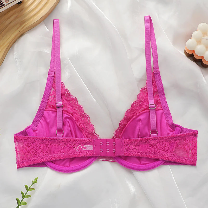 New fashionable rose red bra with steel ring lace thin sexy Lingerie semi transparent women's underwear 2635