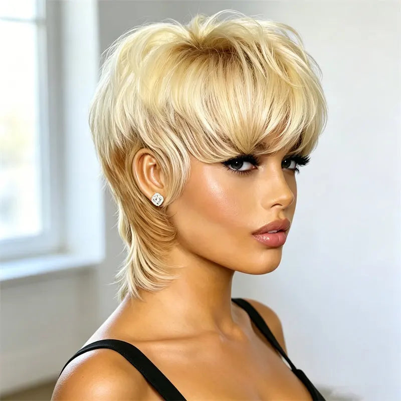 Pixie Cut Human Hair Wig Blonde Mullet Wig Swallowtail Full Machine Made Fashion Breathable For Women Family Party Daily Use
