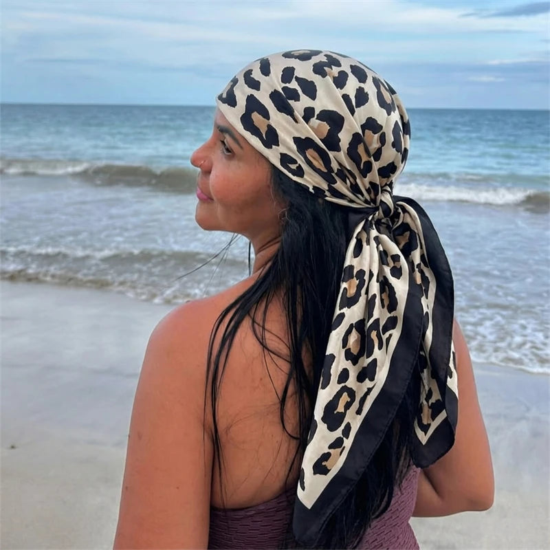 Luxury Brand 2026 Leopard Print Square Silk Scarf for Women Hijab Hair Bands 90cm Neckerchief Female Satin Shawl Ribbon Headband