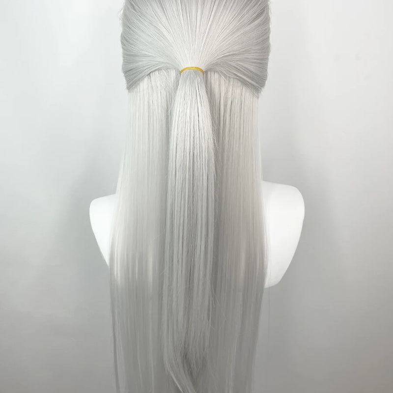 Widow‘s Peak Silver Grey 13x4 Synthetic Lace Front Wigs for Women Elf Cosplay 26 Inch Long Straight Glueless Wigs Free Part