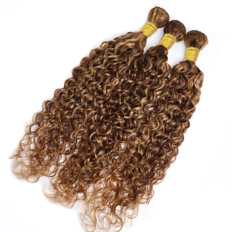 Highlight Water Wave Bundles P4/27 Honey Blonde Water Wave Human Hair Bundles 1/ 3 / 4 Bundles 30 Inch Deep Curly Wet and Wavy
