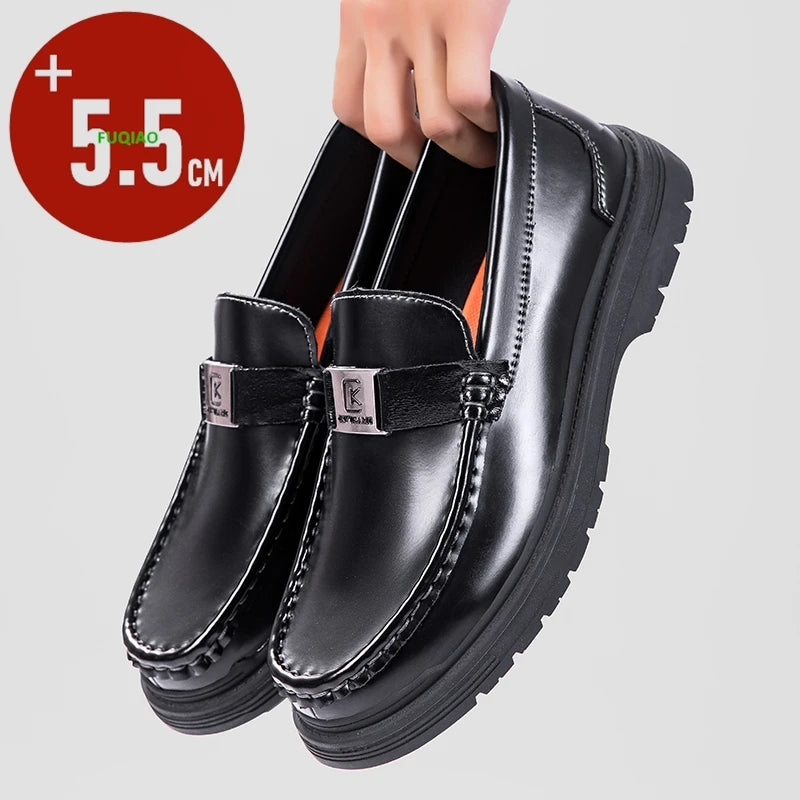 Men Genuine Leather Lift Loafers Business Casual Dress Shoes Invisible Height Increasing 5.5cm Elevator Comfortable Work Oxfords