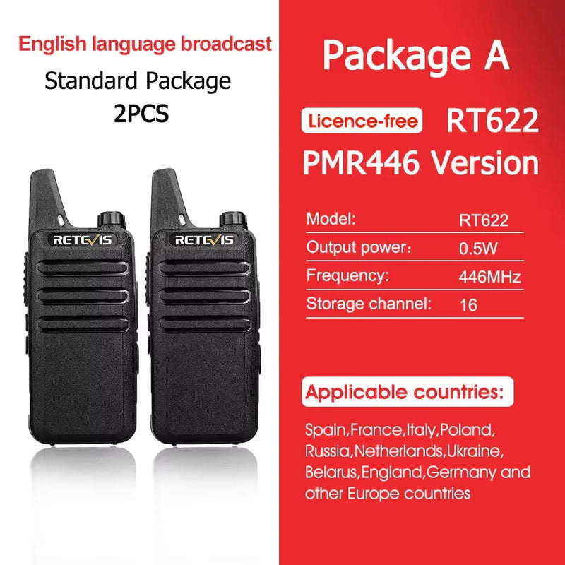 Retevis RT622 Mini Walkie Talkie 2pcs PMR446 Portable Two-way Radio PTT Walkie talkies Communication Radio for Restaurant Hotel
