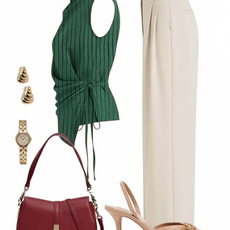 Women's Sleeveless Side Tie Top Matching High Waist Wide Leg Pants For Office Daily Dinner Casual Fashion Occasions