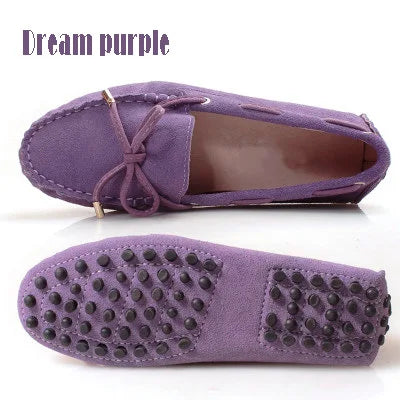Cow leather womens shoes suede flats bow tie moccasins big size casual shoes size34-44