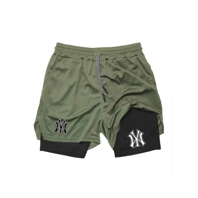 Men's tight fitting sports shorts, printed sports shorts, double-layer 2-in-1 quick drying basketball muscle fitness shorts