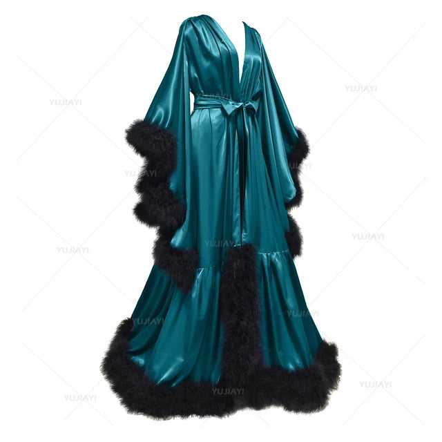 Bathrobe for Women Flare Sleeves Feather Bridal Robe Nightgown Silk Illusion Long Wedding Scarf Dressing Gown Photography Dress