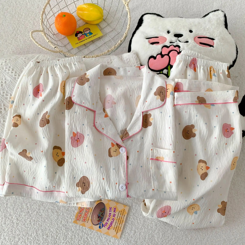 Cartoon Hello Kitty Summer Cardigan Lapel Women's Pajama Set Cloud Cotton Cute Printed Casual Loungewear Three-piece Set