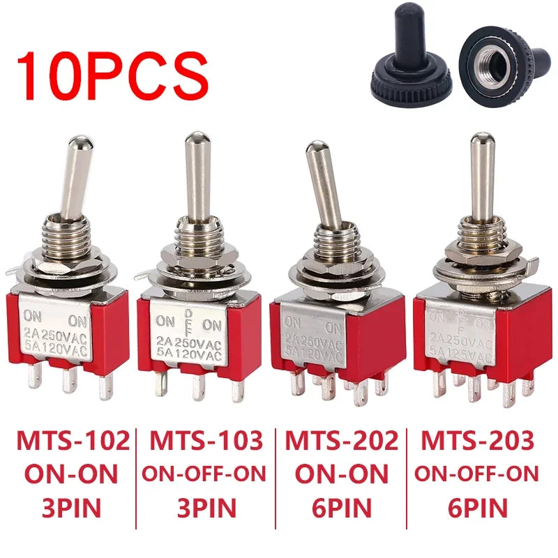 10PCS MTS-102 103 202 203 3Pins 6 Pins Mini Toggle Switch For Switching Lamp Light ON-OFF-ON /ON-ON Switch 6A 125VAC