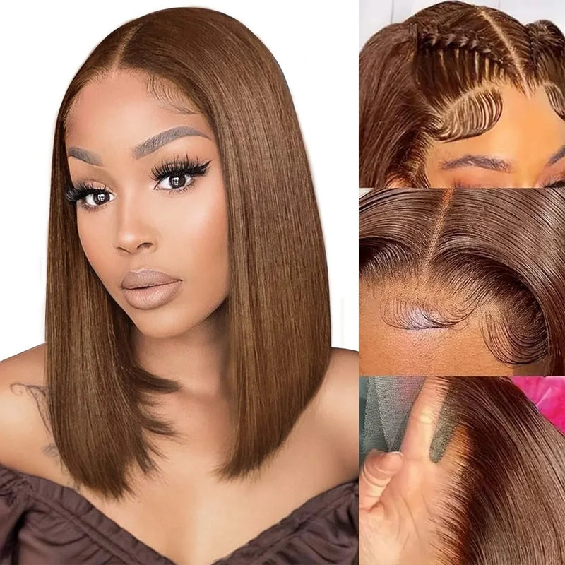 8-14 Short Inch Chocolate Brown Straight Bob Human Hair Wigs #4 Colored 200 Density 13x4 HD Straight Full Lace Front Wigs