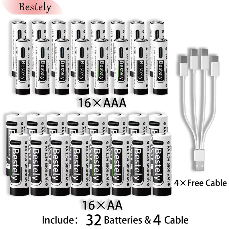 New 1.5V AAA 3600mAh+AA 5800mAh Lithium Ion Rechargeable Battery Fast Charging USB-C Li-ion Batteries 2000 Cycle with Free Cable