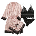 Women's Pajama Fashion 4-piece Set Lace Satin Strap Sexy | SAMAG