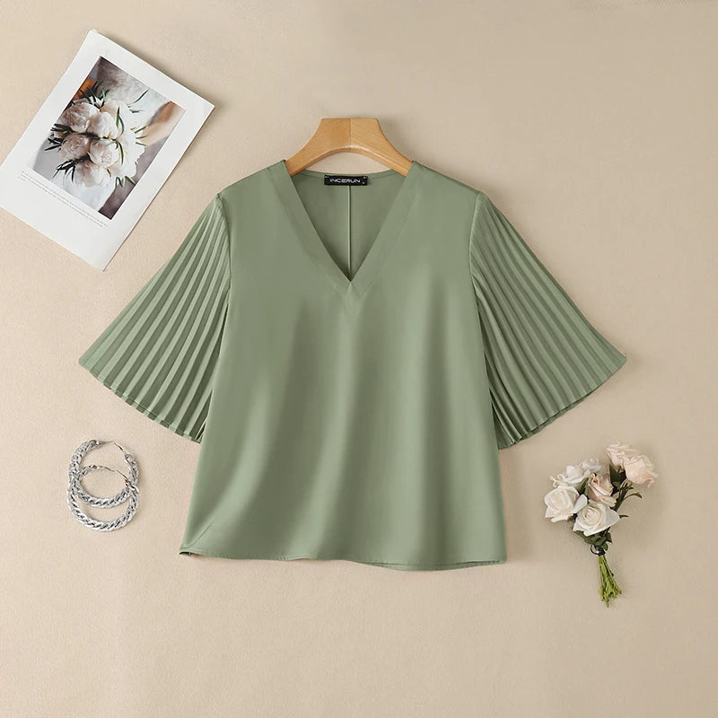ZANZEA Summer Elegant V Neck Short Sleeve Blouse Women - View 7 | SAMAG