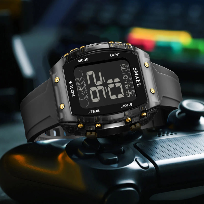 SMAEL Outdoor Sports Watches Fashion Leisure Men Watches 5ATM Waterproof Rectangle 8108 LCD Display Digital Student Wristwatches