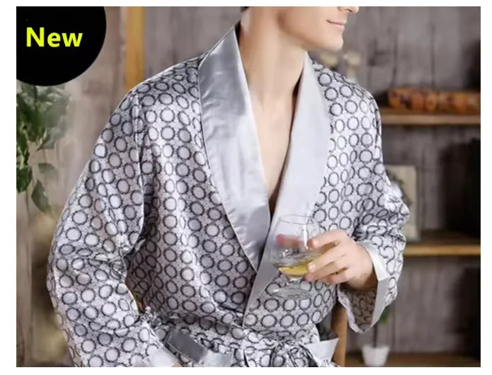 Plus Size 3XL 4XL 5XL Men Robe Sleepwear Navy Blue Stripe Kimono Bathrobe Gown with Pocket Summer Satin Home Clothes Lounge Wear