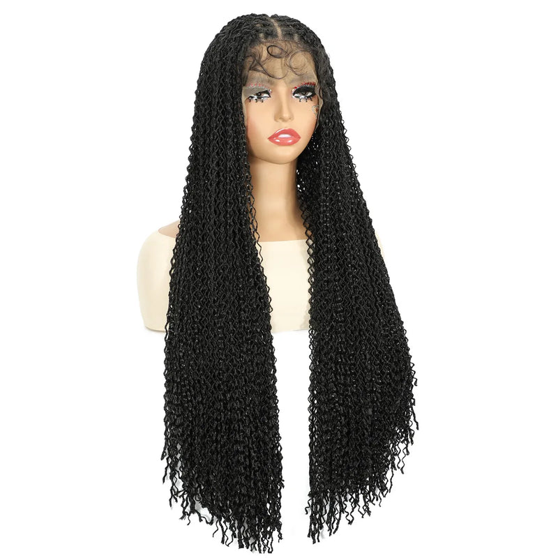 13x4 Lace Frontal Synthetic Braided Wig for Black Women Small Deep Wave Long Brown Wigs Crochet Braiding Wig with Baby Hair