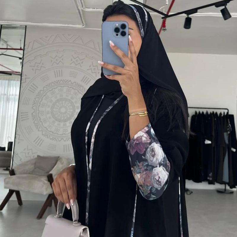 Long Raglan Sleeve Abaya with Contrast Print Details | SAMAG