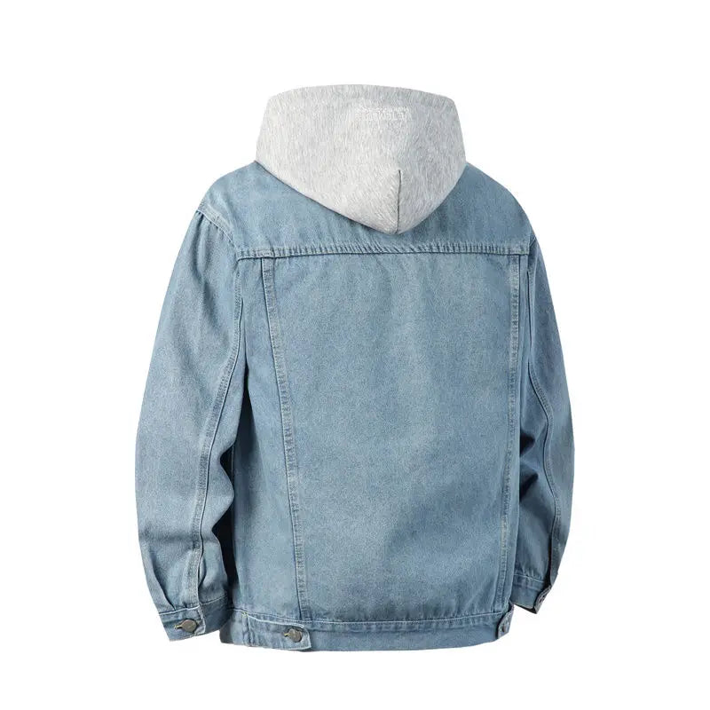 Autumn Men's Green Hooded Denim Jacket, Detachable Hood, Available in Gray, Black, and Blue.