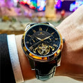 [24-Hour Hollow Tourbillon Watch] Business-Style Hollow Tourbillon Mechanical Watch - Men's Skeleton Design, 24-Hour Display, Hollow Design, Round Alloy Case, Automatic Winding, No Battery Needed, the Preferred Gift Watch.