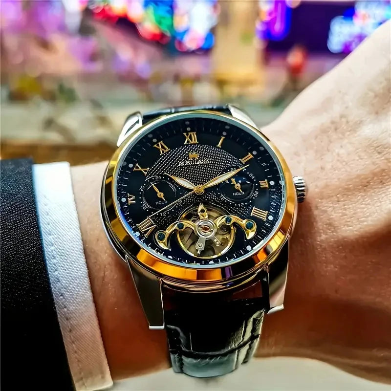 [24-Hour Hollow Tourbillon Watch] Business-Style Hollow Tourbillon Mechanical Watch - Men's Skeleton Design, 24-Hour Display, Hollow Design, Round Alloy Case, Automatic Winding, No Battery Needed, the Preferred Gift Watch.