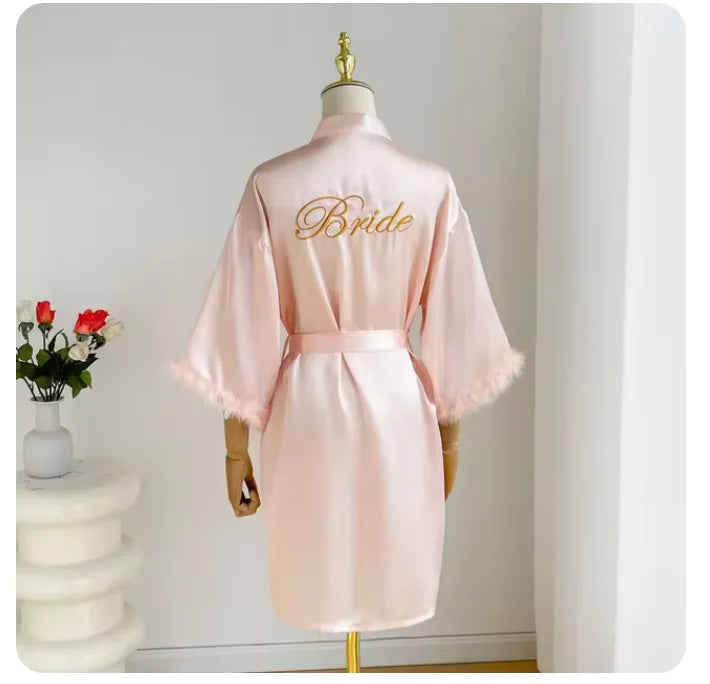 White Bride Wedding Robe with Feathers Women Satin | SAMAG