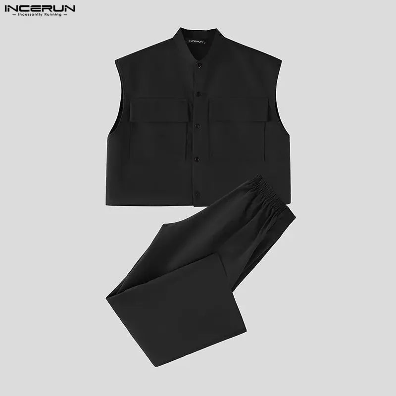 INCERUN Men Sets Solid Sleeveless Crop Tops Shirt Pants | SAMAG