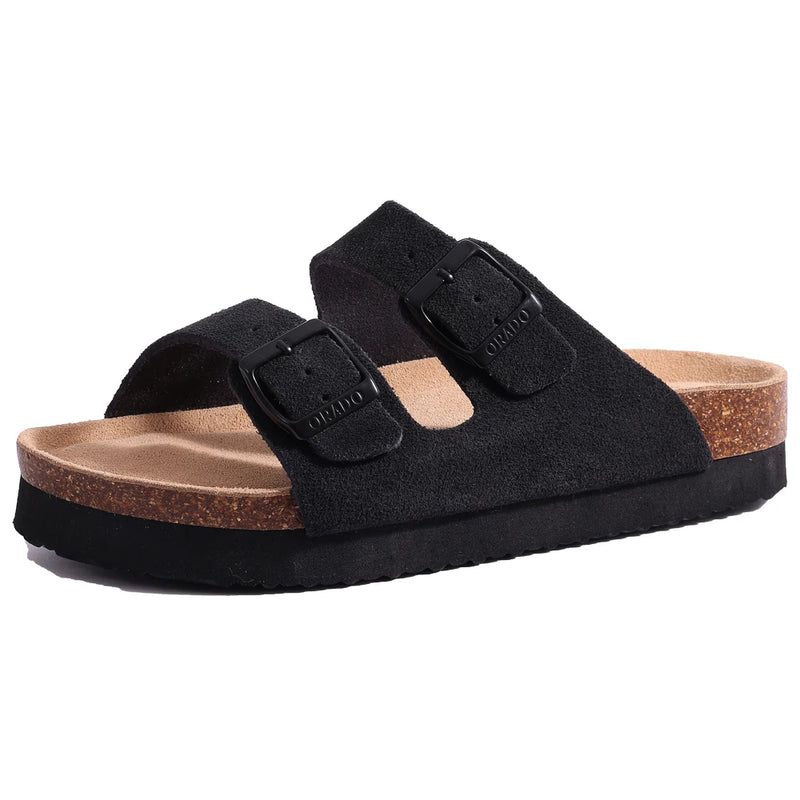 Comwarm Classic Cork Slippers For Women New Fashion Suede Flats Sandals Summer Couple Beach Slides Shoes With Adjustable Buckle