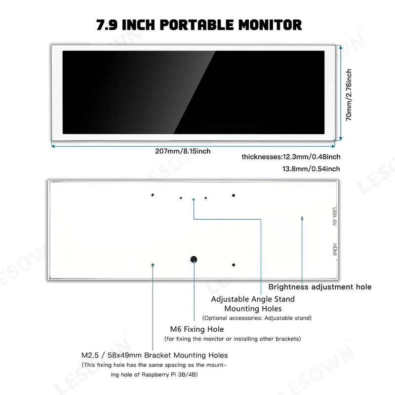 LESOWN Driver-free 400x1280 Display White 7.9 inch miniHDTV Computer Temp Monitor Sub-screen PC  Touch Panel