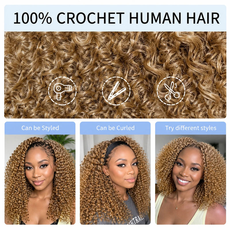 Honey Blonde #27 Burmese Curly Feather Crochet Human Hair Extensions Small Spiral Curls Crochet Braids Miracle Knots Knotless Pre Separated Human Hair Natural Texture Boho Hairstyle For Women