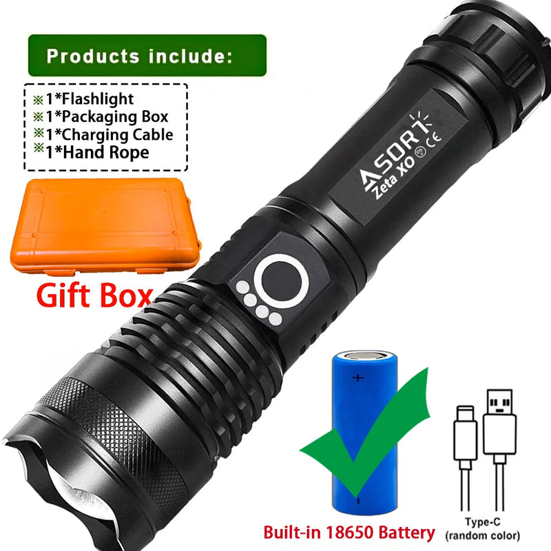 Most Powerful Flashlights High Power XHP70 LED Super Bright Torch USB Rechargeable Zoomable Lantern for Camping Hunting  26650