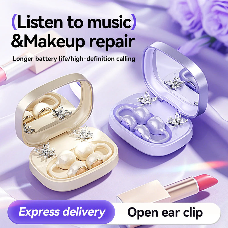 Bluetooth 6.0 Open-Ear Headphones with Makeup Mirror, Detachable Diamond Audífonos, 20Hz Bass Earphones for Women & Girls