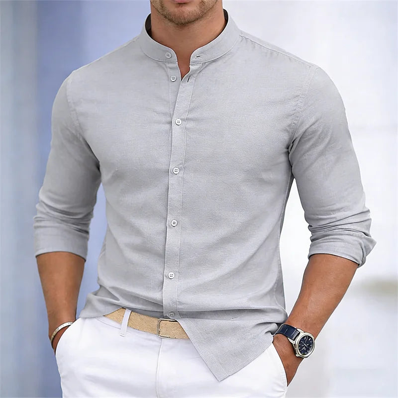Men's stand-up collar white or black long-sleeved shirt | SAMAG
