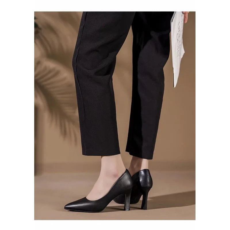 Soft PU Non-slip Single Shoe Work Shoes Women's Pumps Black Professional Interview High Heels Mid Heeled Work Leather Shoes