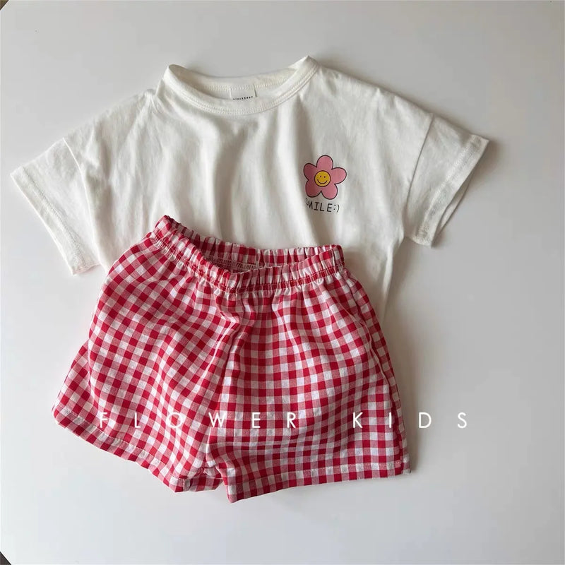 Girls White T-shirt Plaid Shorts /Set Casual Simple Cute | SAMAG