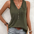 Lady's Olive Green Vest with Front Pocket and Sleeveless Top. Perfect for Casual Streetwear, a Versatile Piece That Can Be Worn