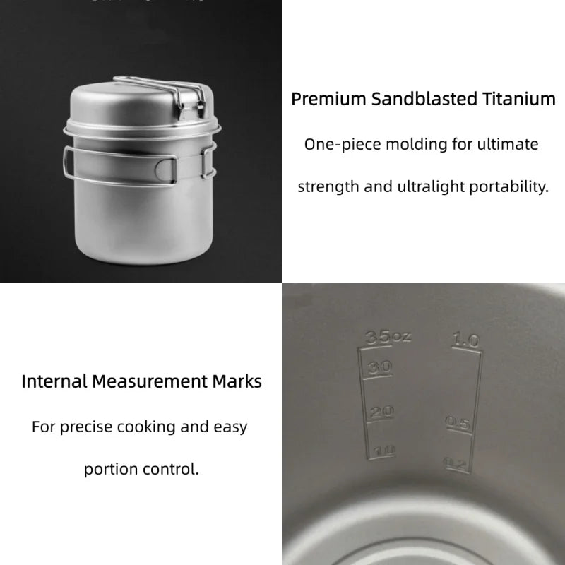 Titanium Camping Cookware Set with Folding Handles, Lightweight Portable Pot and Pan Set for Outdoor Hiking Backpacking Picnic