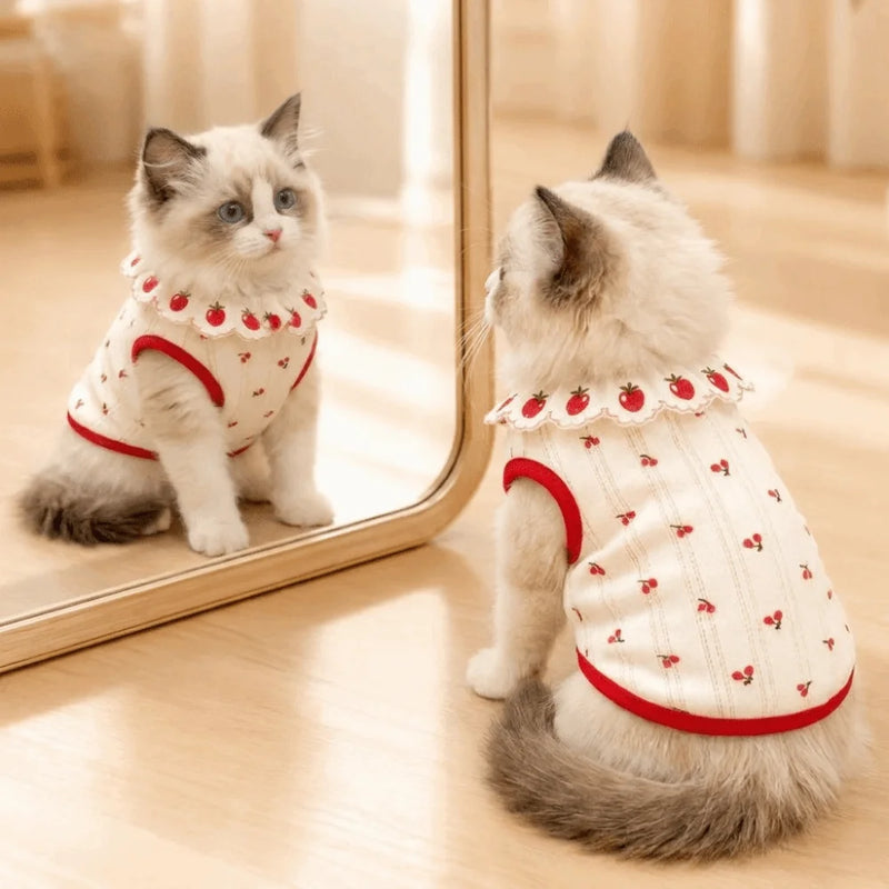 Cute Cherry Pattern Cat Flower Edge Vest Thin Breathable Cat Pullover Comfortable Sweet Pet Shirt Pet Clothing