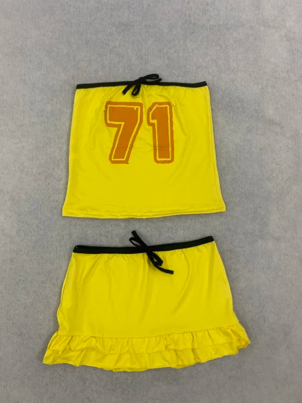 Women Retro Print 2 Piece Set Yellow Strapless Tube Top Drawstring Ruffle Mini Skirt Y2K Streetwear Club Party Matching Outfit