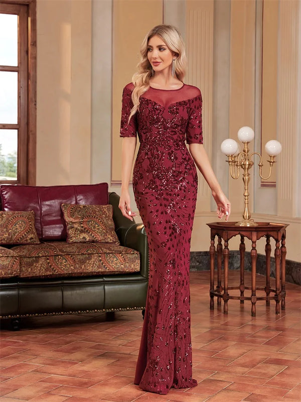 Luxury O-Neck Tulle Sequin Formal Evening Dress Women | SAMAG