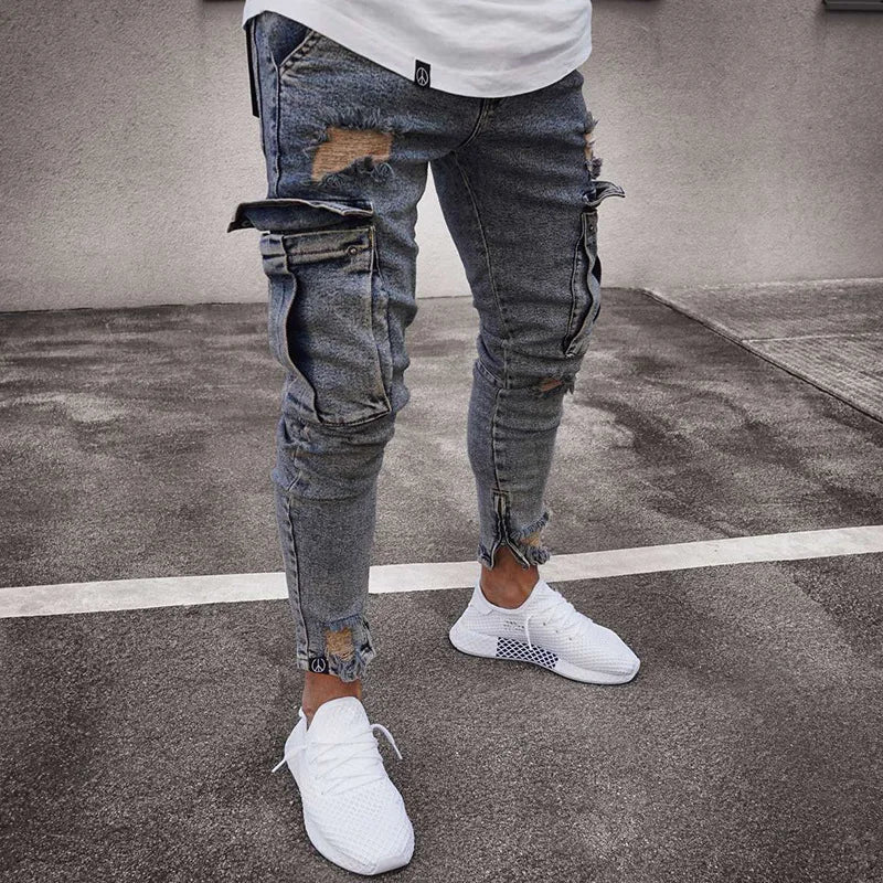 New Jeans Men Pants Wash Solid Color Multi Pockets Denim | SAMAG