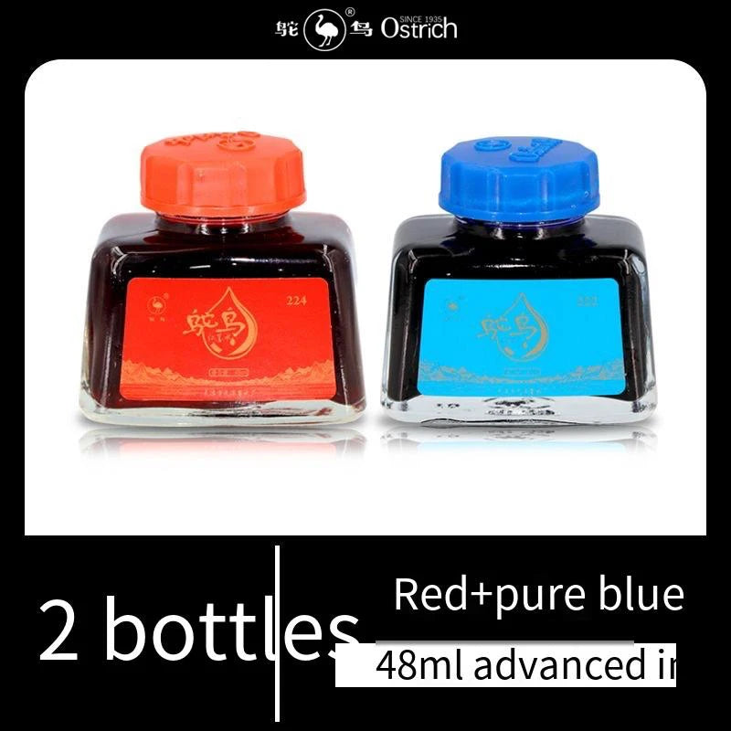 Ostrich 2-Series Fountain Pen Ink, 48ml - Non-clogging Carbon-Free in 4 Colors (Black/Blue/Blue-Black/Red)