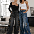 Women High Waist Wide Leg Jeans, Side Cutout Eyelet Rivet Denim Pants Loose Fit Hollow Out Flared Trousers Streetwear Fashion Baggy Jeans with Pockets
