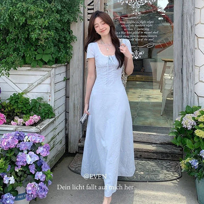 Women Sky Blue Textured Maxi Dress Lady Elegant Lace | SAMAG