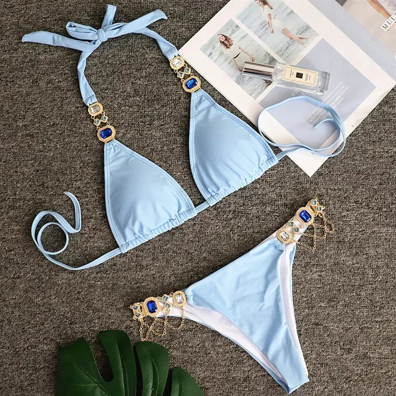 Halter Metal Chains Rhinestone Diamond Bikini Women | SAMAG