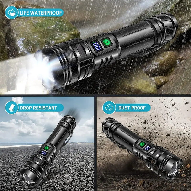 Rechargeable LED Flashlight with 3 Modes, Adjustable Zoom, Waterproof Body and Power Display